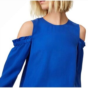CLUB MONACO Cold Shoulder Blouse Ruffle Cuff‎ Top Royal Blue Quiet Luxury MEDIUM